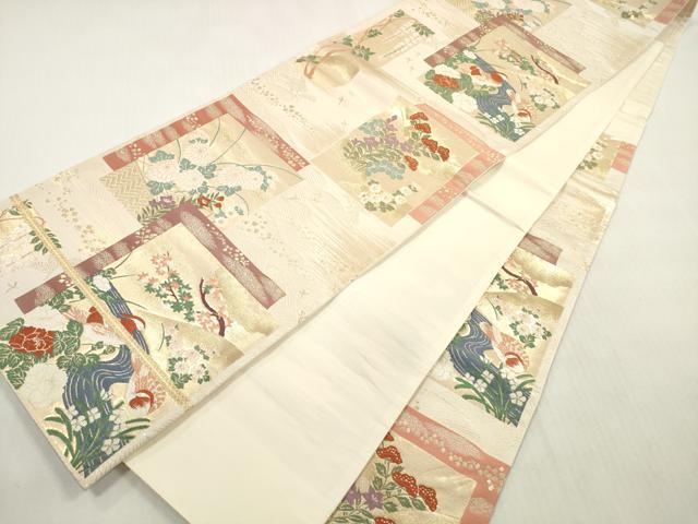 平和屋着物◎六通柄袋帯 唐織 色紙重ね 流水花鳥文 金糸 正絹 逸品 未使用 DABG1493xg