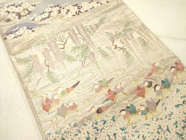 平和屋着物◎六通柄袋帯 唐織 鴛鴦花文 枝垂れ藤 都の四季 金糸 正絹 逸品 DABG1553ya