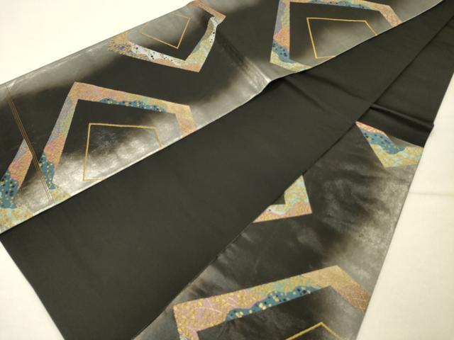 平和屋着物◎六通柄袋帯 裂取小紋 幾何学文様 黒地 金糸 引箔 正絹 逸品 DABG1574ya