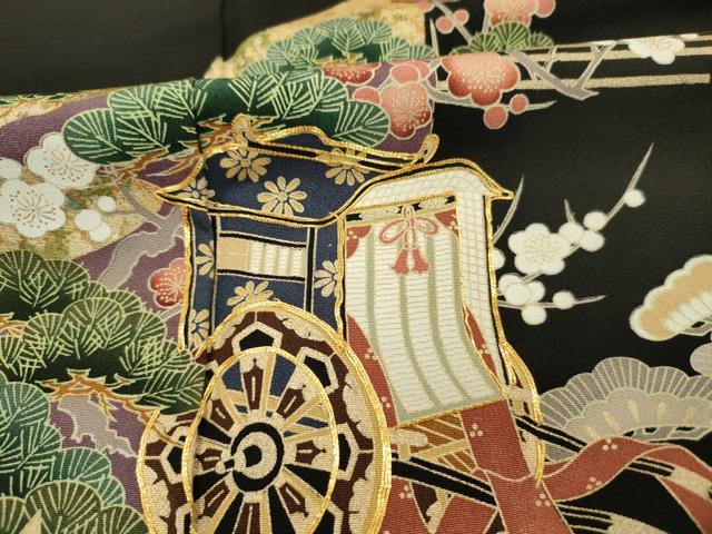 平和屋着物■豪華黒留袖 駒刺繍 御所車花松文 枝梅 金彩 正絹 逸品 DABG1693ya