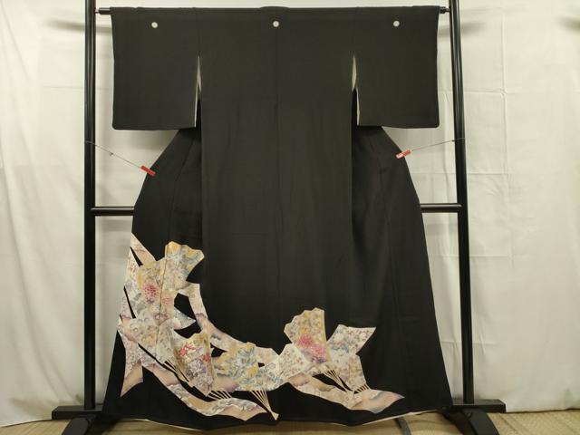 平和屋着物■豪華黒留袖 駒刺繍 扇面花鳥文 金彩 正絹 逸品 DABG1706ya