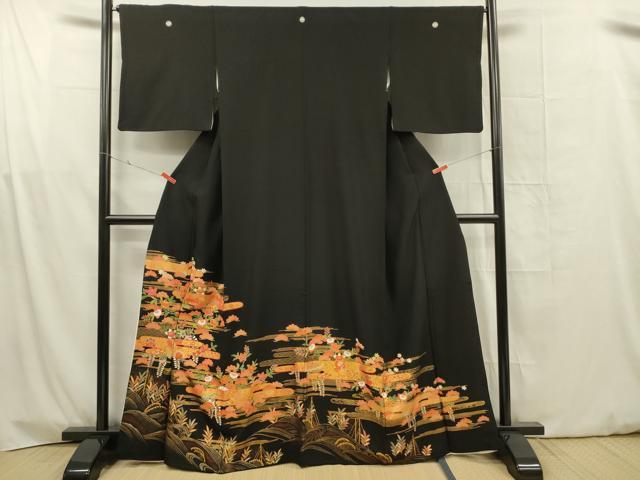 平和屋着物■豪華黒留袖 駒刺繍 霞花松文 金彩 正絹 逸品 DABG1713ya