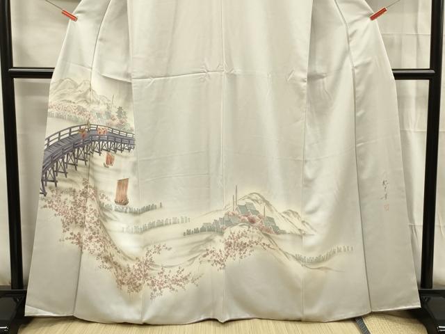 平和屋着物■日本画家 水嶋征夫 訪問着 手描き 渡橋人物風景文 暈し染め 正絹 逸品 DABG1734ya