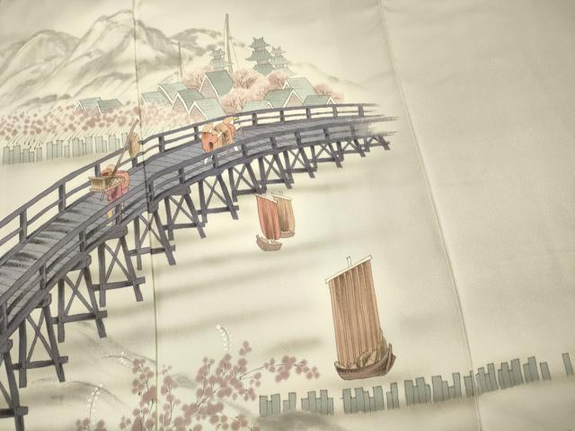 平和屋着物■日本画家 水嶋征夫 訪問着 手描き 渡橋人物風景文 暈し染め 正絹 逸品 DABG1734ya