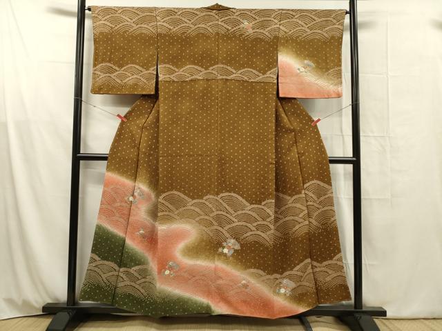 平和屋着物■訪問着 絞り 青海波 扇面草花文 暈し染め 金彩 正絹 逸品 DABG1824ya