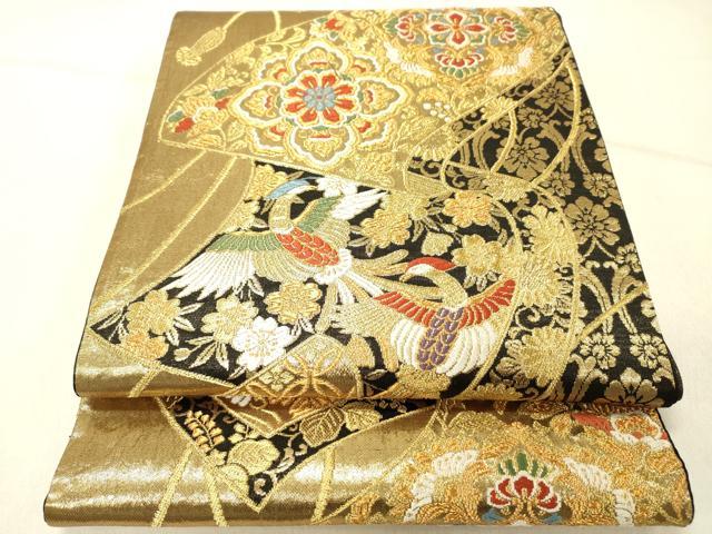 平和屋着物◎六通柄袋帯 唐織 絵巻鳳凰花文 黒地 金糸 正絹 逸品 DABG1835ya