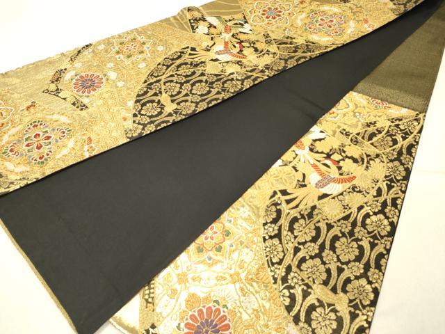 平和屋着物◎六通柄袋帯 唐織 絵巻鳳凰花文 黒地 金糸 正絹 逸品 DABG1835ya