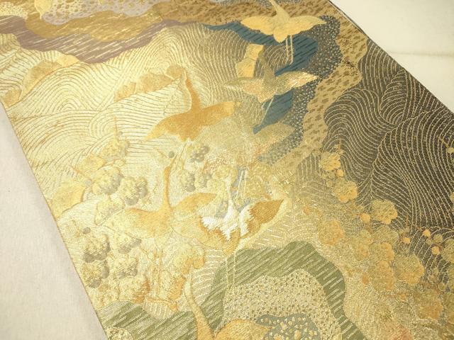 平和屋着物◎六通柄袋帯 飛鶴枝梅文 金糸 正絹 逸品 DABG1854ya