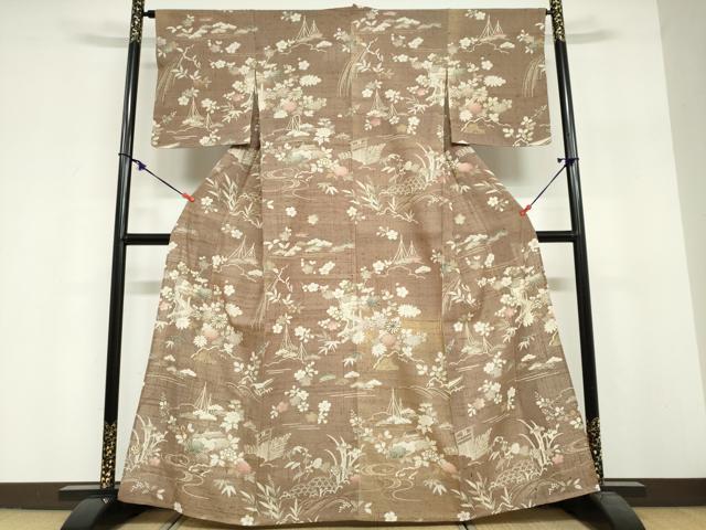 平和屋着物▽染織の名門 しょうざん 生紬 訪問着 単衣 風景草花文 正絹 逸品 未使用 DABG2002ud