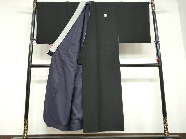 平和屋着物●男性 黒紋付 長羽織セット 羽裏:一富士二鷹三茄子 キングサイズ 正絹 逸品 DABG2098ud