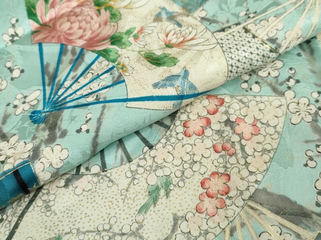 平和屋着物●創業460年・千總 小紋 扇面花鳥文 金彩 正絹 逸品 DABG2129ud