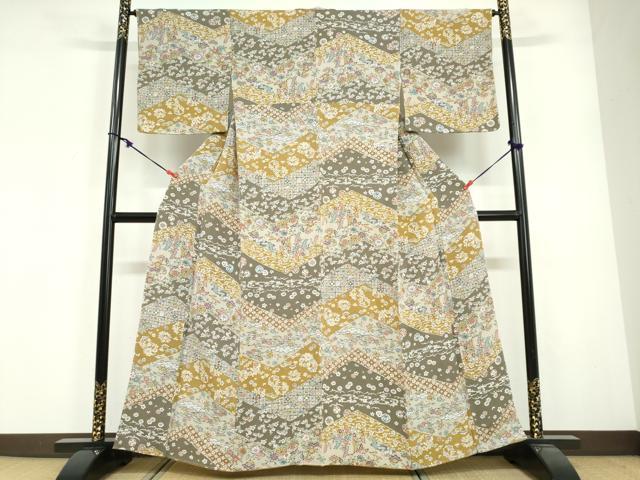 平和屋着物●上質な小紋 型染め 花蝶文 反端付き 正絹 逸品 未使用 DABG2131ud