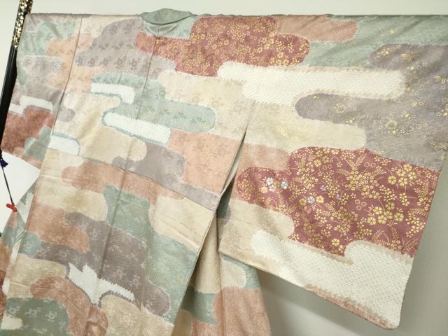 平和屋着物●訪問着 絞り 刺繍 エ霞草花文 金彩 正絹 逸品 DABG2172ud