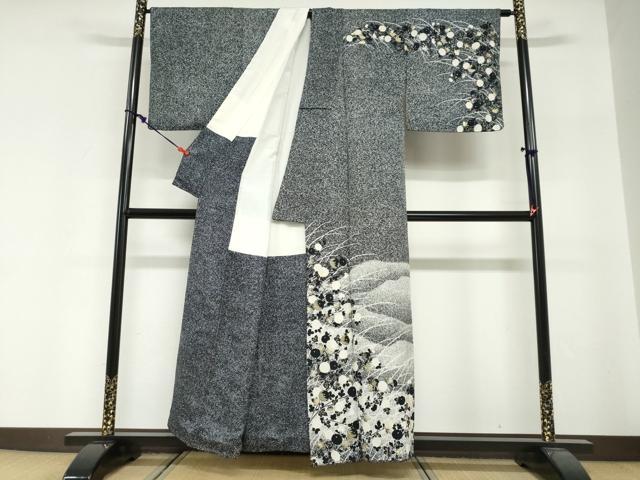 平和屋着物●訪問着 作家物 万寿菊 暈し染め たたき染め 黒地 金銀彩 正絹 逸品 DABG2224ud