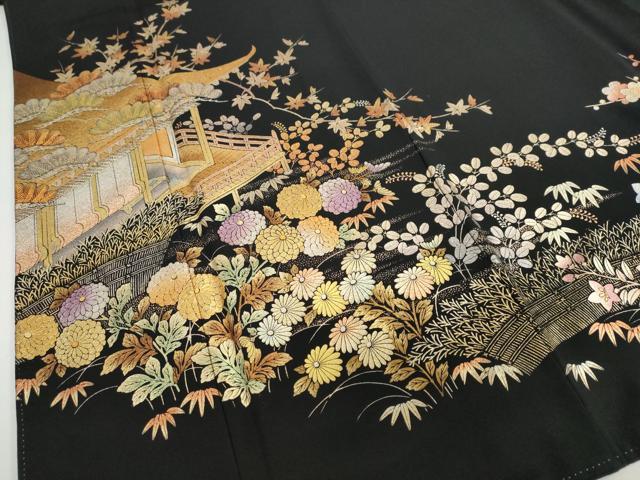 平和屋着物●金彩友禅 卓越技能者・名工・和田光正 黒留袖 平安草花文 金彩 正絹 逸品 DABG2236ud