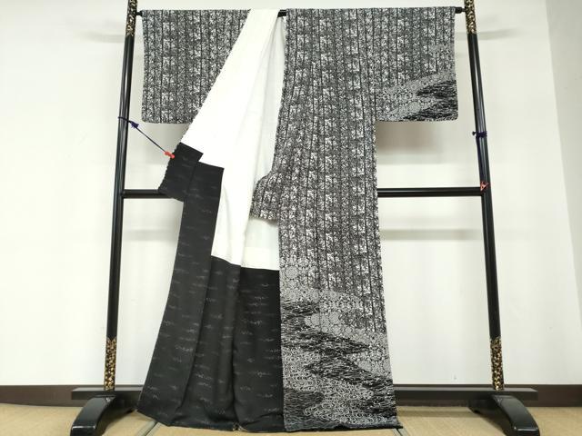 平和屋着物●伝統工芸士 水谷滉 訪問着 流水花鳥丸文 黒地 正絹 逸品 DABG2260ud