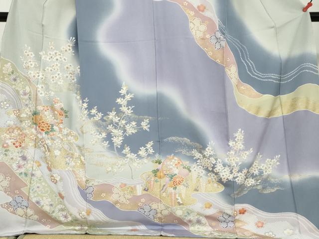 平和屋着物●訪問着 駒刺繍 手毬草花文 暈し染め 金彩 ロング丈 正絹 逸品 DABG2280ud