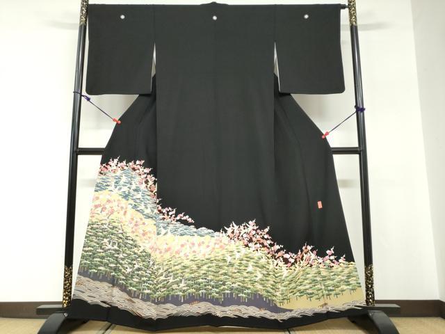 平和屋着物●豪華黒留袖 友禅 作家物 飛鳥草花文 正絹 逸品 DABG2296ud