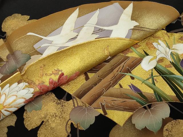 平和屋着物●豪華黒留袖 駒刺繍 地紙飛鶴草花文 金彩 正絹 逸品 未使用 DABG2299ud