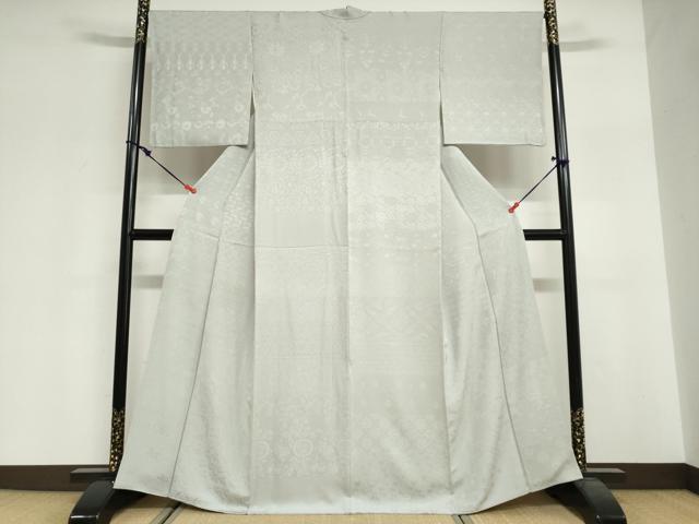 平和屋着物●上質な色無地 横段吉祥花地紋 灰青色 正絹 逸品 DABG2345ud