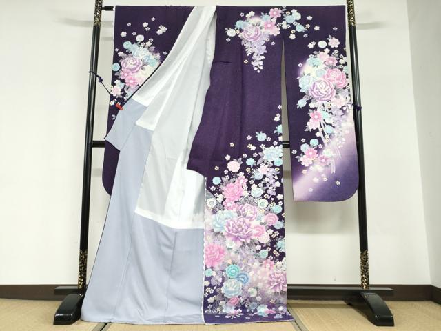平和屋着物●豪華振袖 ラインストーン 草花文 暈し染め 銀彩 銀通し地 正絹 逸品 DABG2348ud
