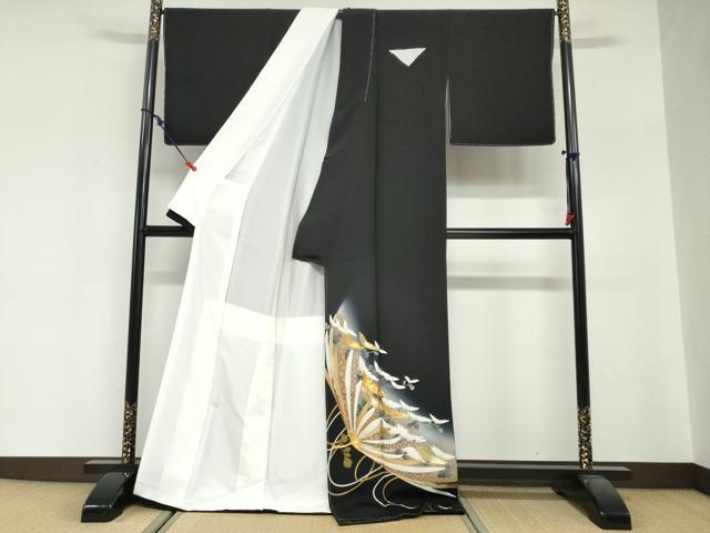 平和屋着物●豪華黒留袖 駒刺繍 草花文 暈し染め 金彩 ロング丈 正絹 逸品 未使用 DABG2366ud