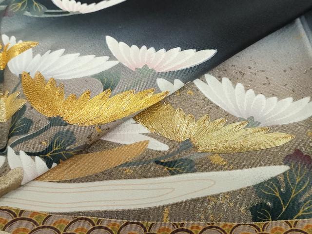 平和屋着物●豪華黒留袖 駒刺繍 草花文 暈し染め 金彩 ロング丈 正絹 逸品 未使用 DABG2366ud