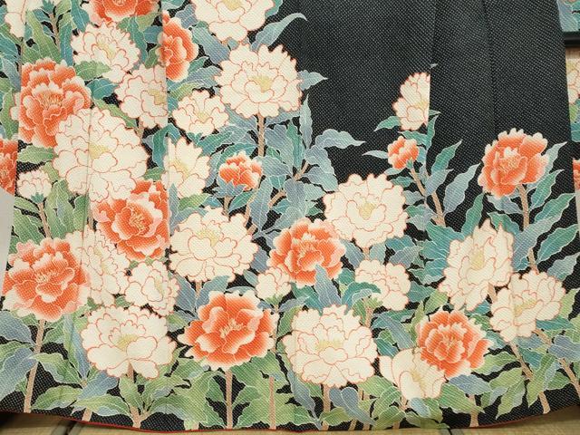 平和屋着物●名門 藤娘きぬたや・総絞り(杢目絞り) 振袖 総絞り 草花文 黒地 正絹 逸品 DABG2381ud