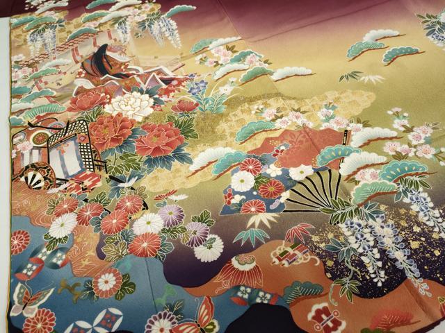 平和屋着物●豪華振袖 駒刺繍 女人御所車草花文 暈し染め 金彩 正絹 逸品 DABG2388ud