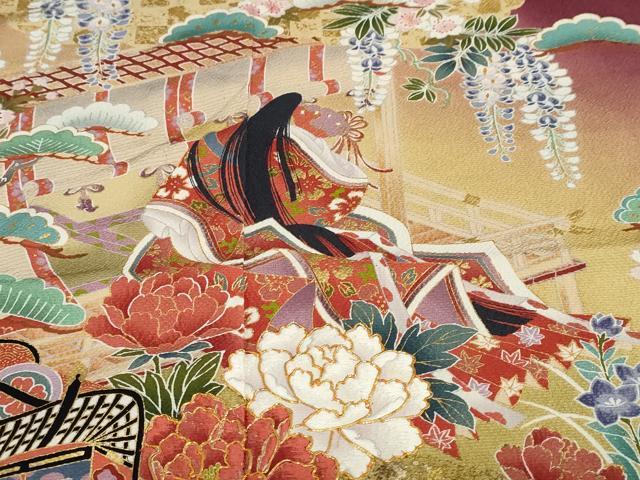 平和屋着物●豪華振袖 駒刺繍 女人御所車草花文 暈し染め 金彩 正絹 逸品 DABG2388ud