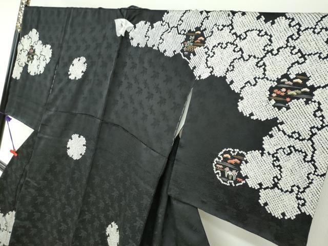 平和屋着物●訪問着 絞り 刺繍 雪輪草花籬文 黒地 金糸 正絹 逸品 未使用 DABG2412ud