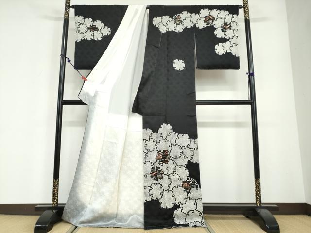 平和屋着物●訪問着 絞り 刺繍 雪輪草花籬文 黒地 金糸 正絹 逸品 未使用 DABG2412ud