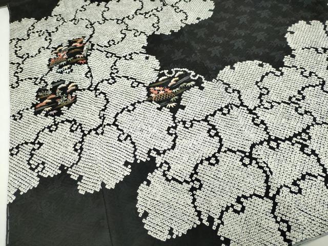平和屋着物●訪問着 絞り 刺繍 雪輪草花籬文 黒地 金糸 正絹 逸品 未使用 DABG2412ud