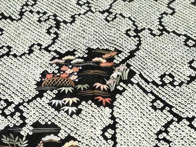 平和屋着物●訪問着 絞り 刺繍 雪輪草花籬文 黒地 金糸 正絹 逸品 未使用 DABG2412ud