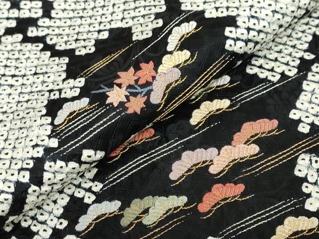 平和屋着物●訪問着 絞り 刺繍 雪輪草花籬文 黒地 金糸 正絹 逸品 未使用 DABG2412ud