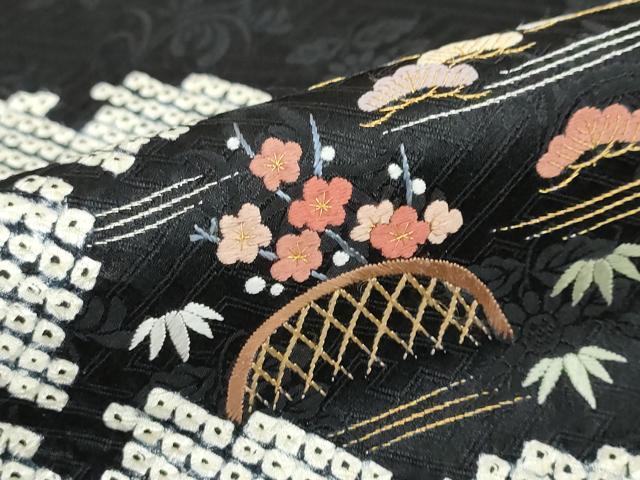 平和屋着物●訪問着 絞り 刺繍 雪輪草花籬文 黒地 金糸 正絹 逸品 未使用 DABG2412ud