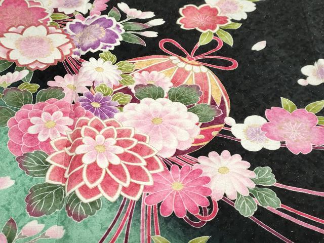 平和屋着物●豪華振袖 手毬草花文 暈し染め 黒地 金通し地 正絹 逸品 DABG2432ud