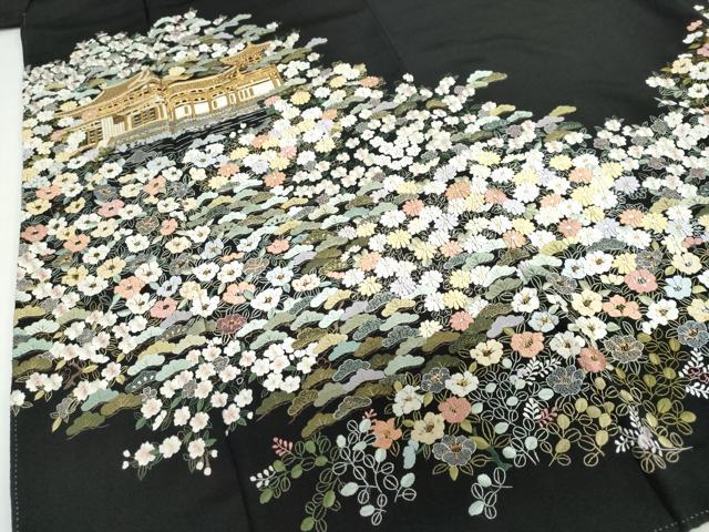 平和屋着物●豪華黒留袖 総刺繍 風景草花文 金糸 正絹 逸品 DABG2472ud