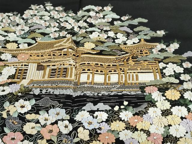 平和屋着物●豪華黒留袖 総刺繍 風景草花文 金糸 正絹 逸品 DABG2472ud