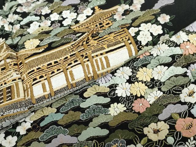 平和屋着物●豪華黒留袖 総刺繍 風景草花文 金糸 正絹 逸品 DABG2472ud