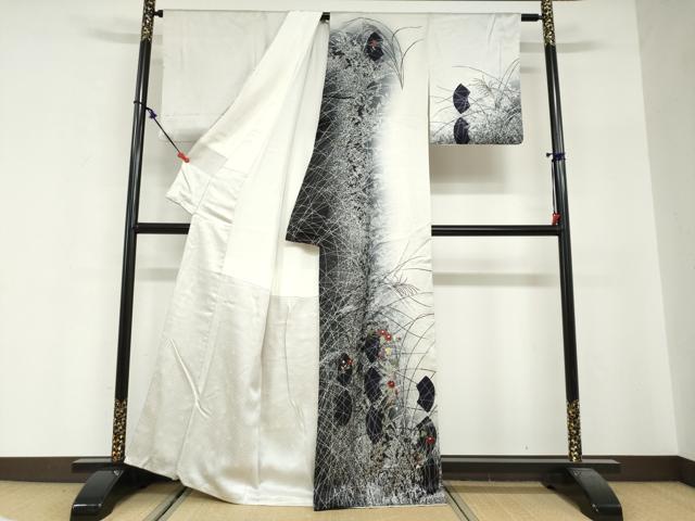 平和屋着物●訪問着 刺繍 地紙草花文 たたき染め 銀彩 正絹 逸品 DABG2483ud