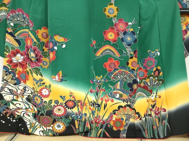 平和屋着物●豪華振袖 型染め 流水花蝶文 暈し染め 正絹 逸品 DABG2513ud