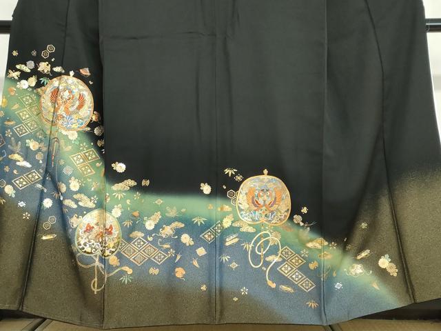 平和屋着物●豪華黒留袖 駒刺繍 向かい鳥花文 宝尽くし 暈し染め 金彩 正絹 逸品 DABG2650ud