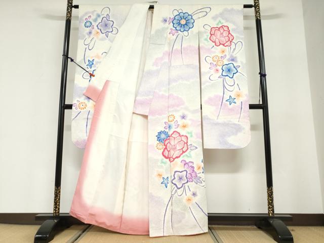 平和屋着物●名門 藤娘きぬたや・総絞り 振袖 貝桶草花文 暈し染め 正絹 逸品 DABG2657ud