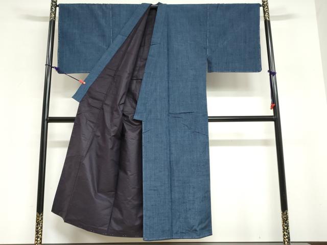 平和屋着物●男性 単衣 紬 アンサンブル 長羽織 濃藍色 正絹 逸品 未使用 DABG2737ud