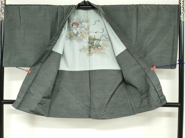 平和屋着物●男性 紬 アンサンブル 長襦袢(無双仕立て)セット 羽裏:風神雷神 藍媚茶色 キングサイズ 正絹 逸品 DABG2740ud