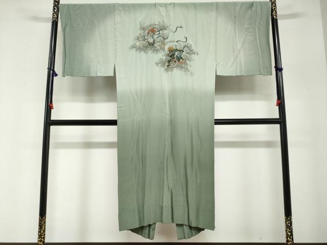 平和屋着物●男性 紬 アンサンブル 長襦袢(無双仕立て)セット 羽裏:風神雷神 藍媚茶色 キングサイズ 正絹 逸品 DABG2740ud