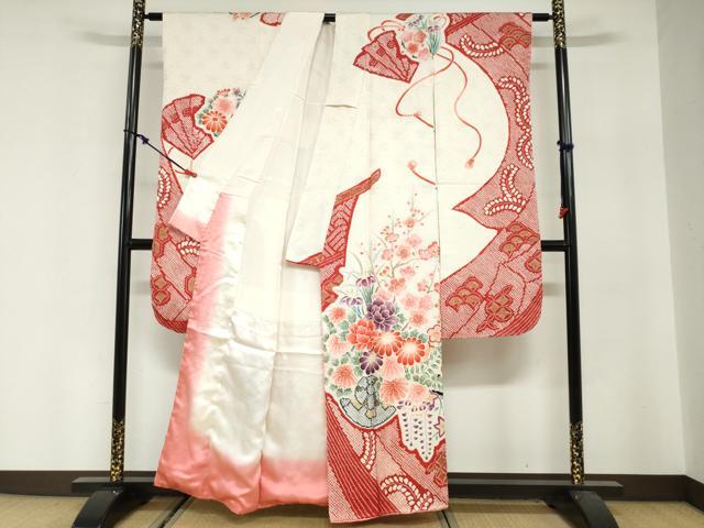 平和屋着物●豪華振袖・長襦袢(袷)セット 総絞り 花車文 金彩 半衿刺繍 正絹 逸品 未使用 DABG2741ud