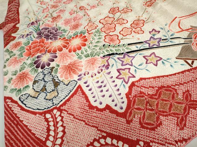 平和屋着物●豪華振袖・長襦袢(袷)セット 総絞り 花車文 金彩 半衿刺繍 正絹 逸品 未使用 DABG2741ud