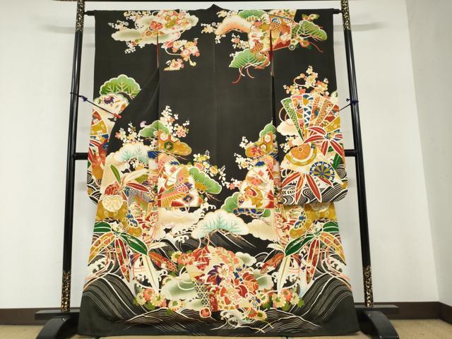 平和屋本店●アンティーク 大正ロマン 振袖 駒刺繍 扇面御所車飛鶴草花文 黒地 正絹 逸品 DABG2752ud